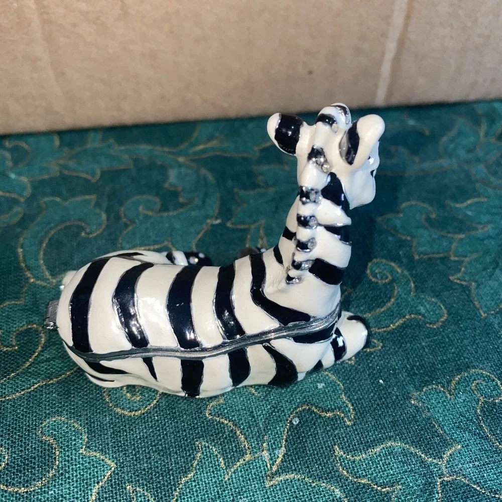 Vintage Enamel Zebra Jewelry /‎ Trinket Box W/ Crystal Jewels